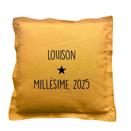 Coussin carré moutarde personnalisé naissance : Millésime