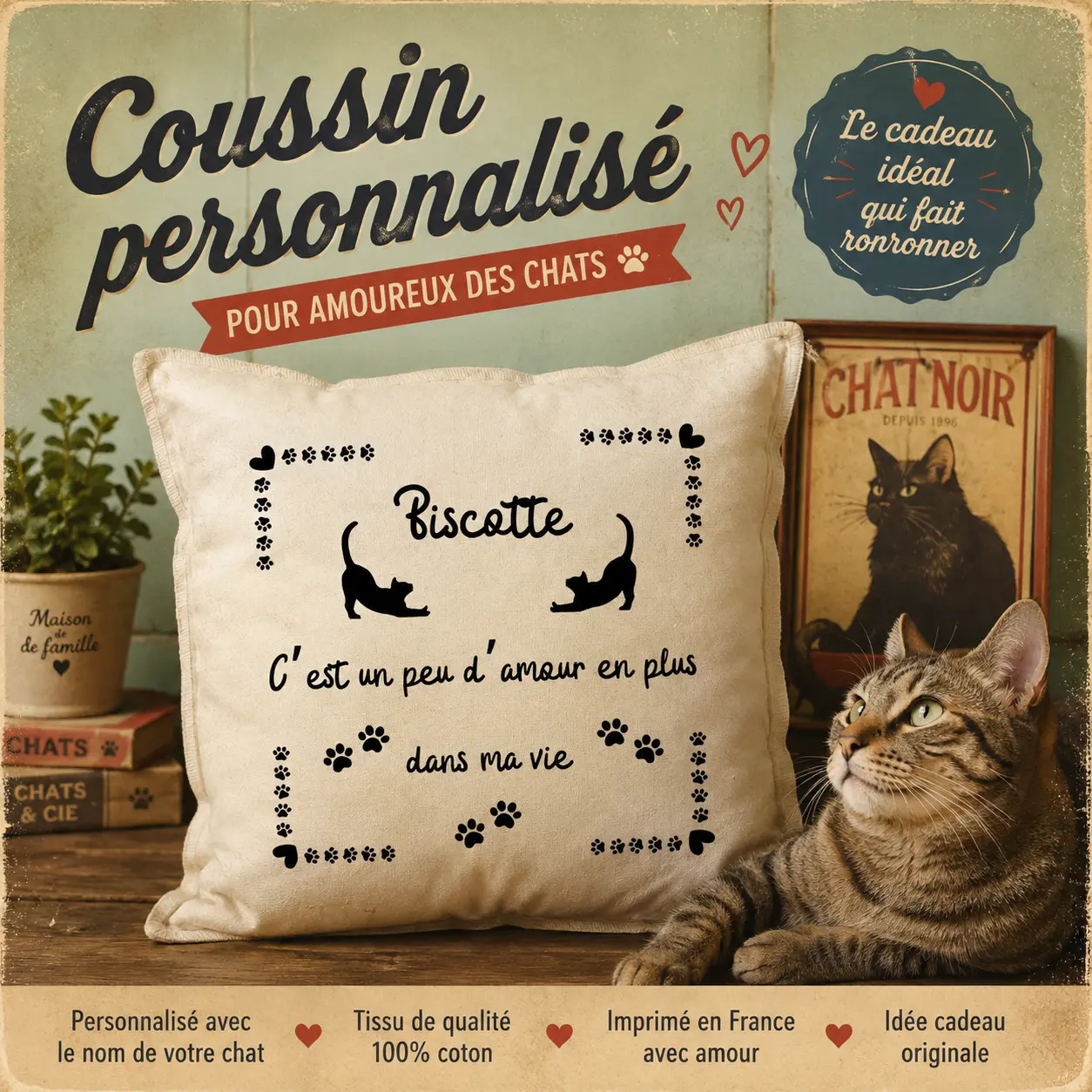 Coussin personnalisé chat  le cadeau qui plaira à tous les amoureux de félins